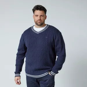 Pull col V torsadé bleu marine-8XL