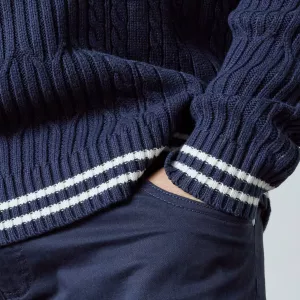 Pull col V torsadé bleu marine-8XL