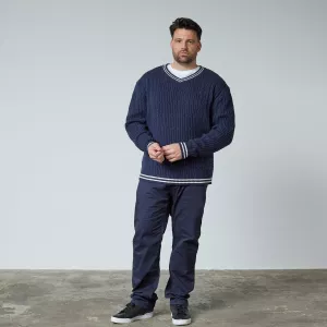 Pull col V torsadé bleu marine-3XL