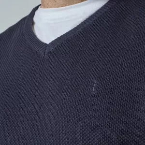 Pull col V maille texturée bleu marine-4XL