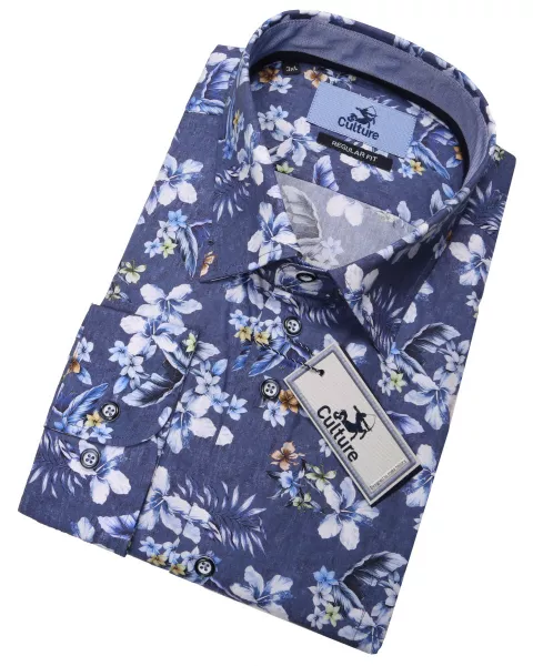 Chemise bleu marine motif floral manche longue de 2XL à 6XL-5XL