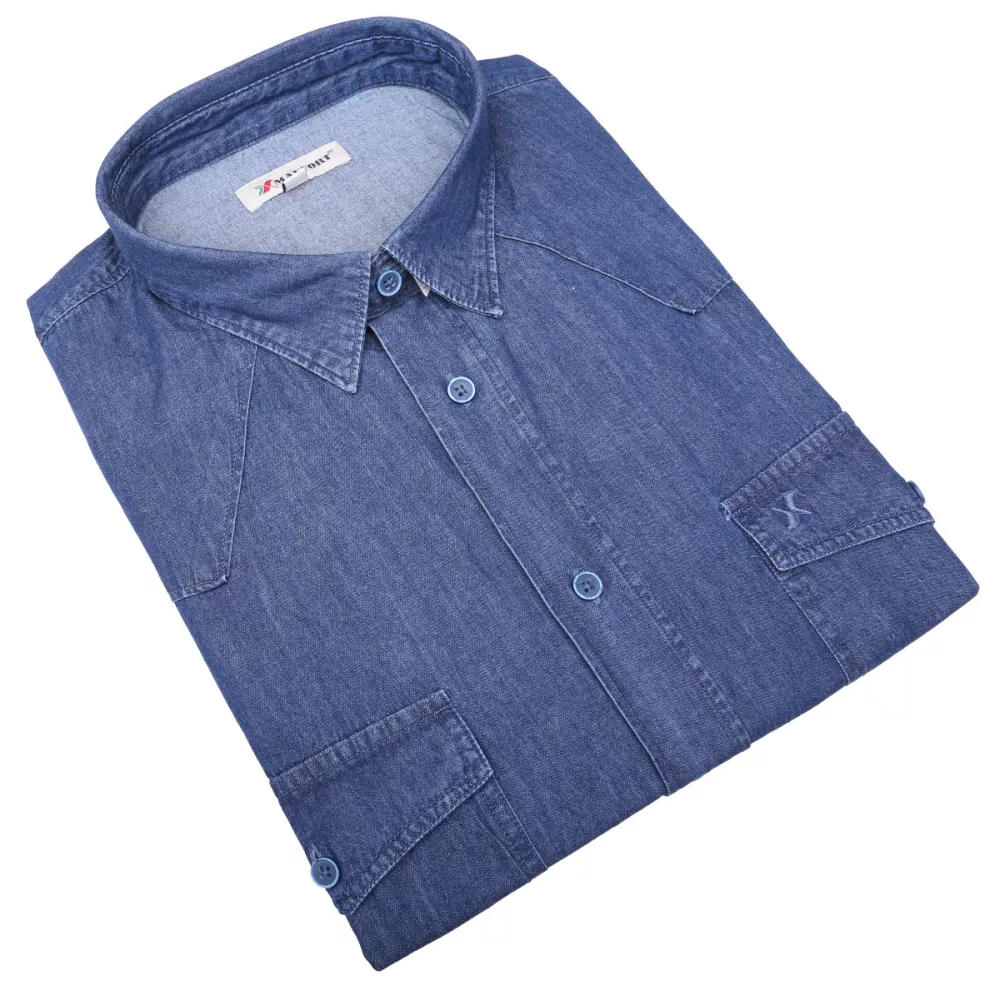Chemise denim bleu denim manches courtes-5XL