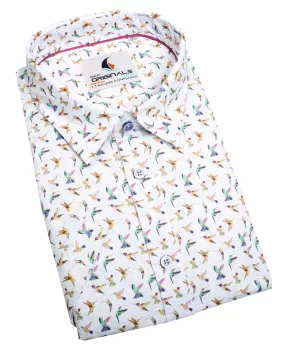 Chemise colibris blanche manches courtes imprimée
