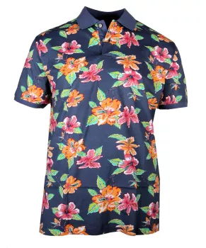 Polo hawaïen fleurs hibiscus Mélange de bleu