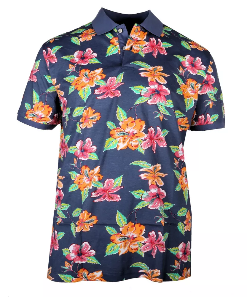 Polo hawaïen fleurs hibiscus Mélange de bleu-3XL