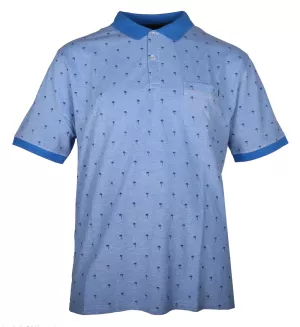 Polo bleu motif palmier col 2 boutons