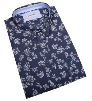Chemise manche courte fleurie bleu marine 