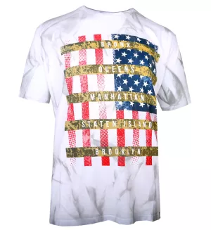 T-shirt USA blanc avec drapeau et noms NY