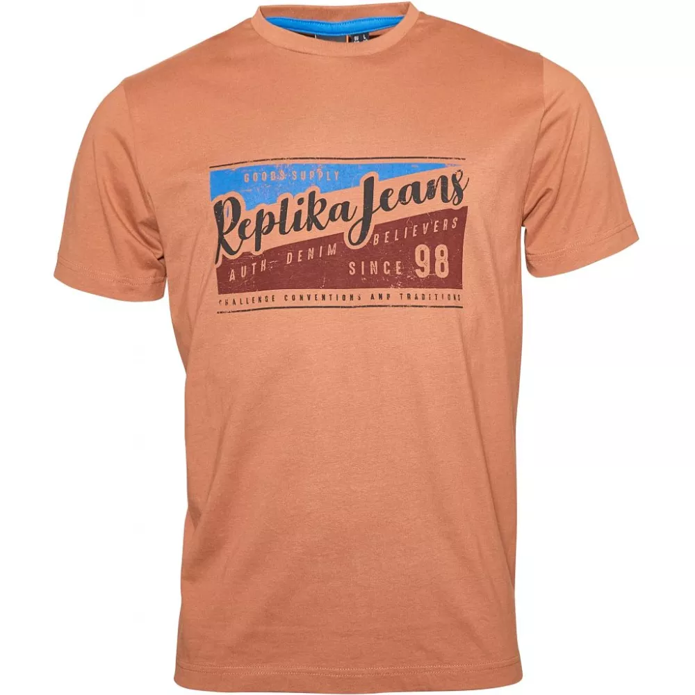 T-shirt Replika Jeans 98 cognac délavé grande taille-3XL