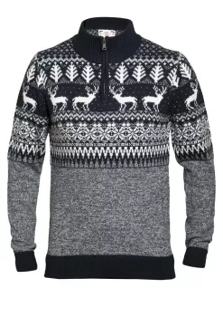 Pull de Noël zippé bleu marine motif rennes