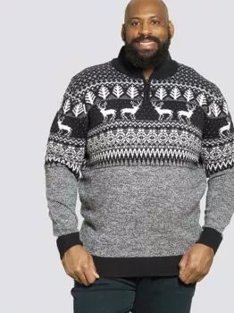 Pull de Noël zippé bleu marine motif rennes-3XL