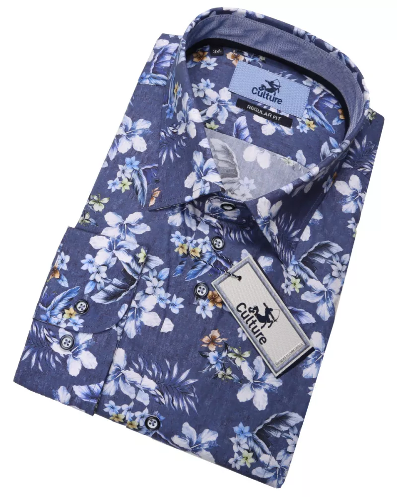 Chemise bleu marine motif floral manche longue de 2XL à 6XL-5XL