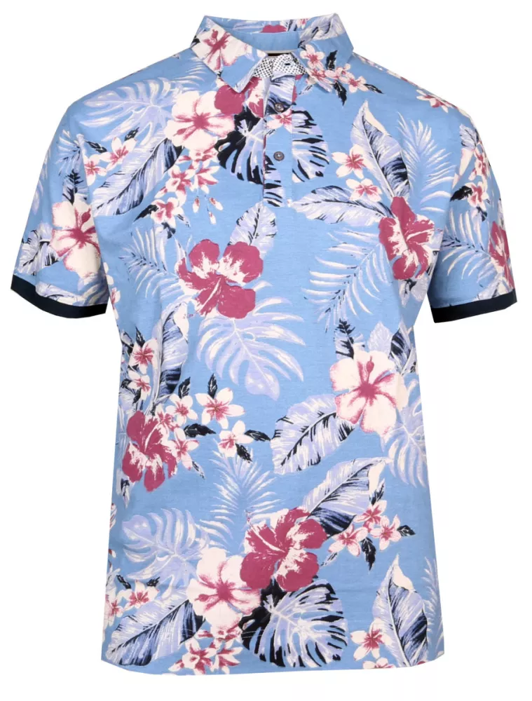 Polo fleuri bleu clair hibiscus tropical-6XL