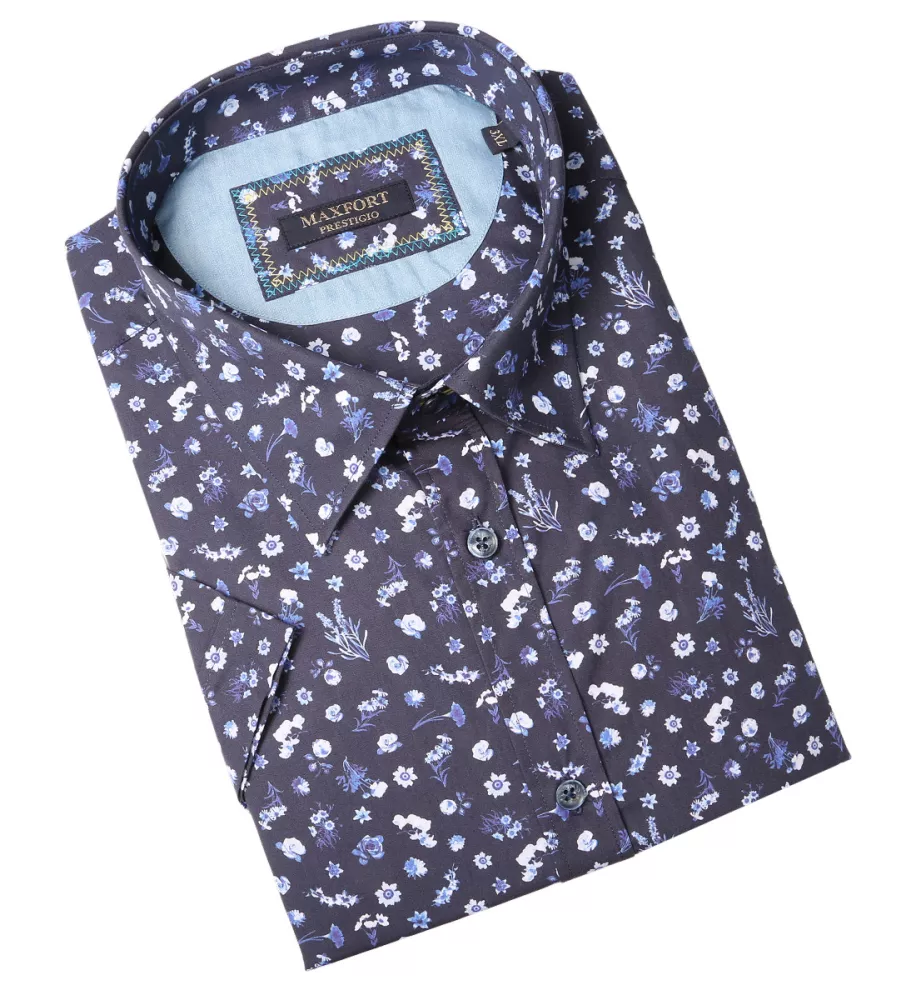 Chemise fleurie MAXFORT manche courte bleu marine-4XL