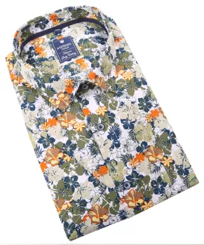 Chemise manche courte fleurs blanche motif tropical
