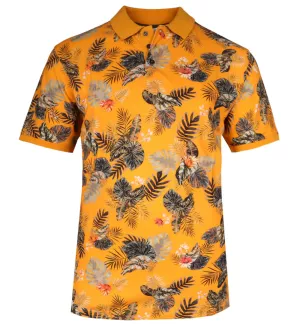 Polo hawaïen ocre feuillage tropical