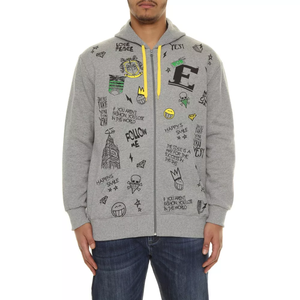 Sweat zippé à capuche Mélange de gris clair imprimé smiley-6XL
