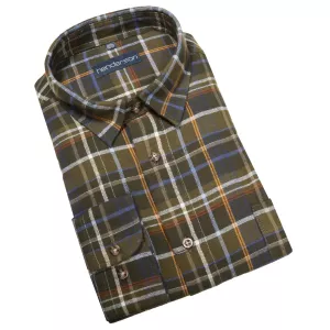 Chemise flanelle à Carreaux vert olive, ocre et bleu