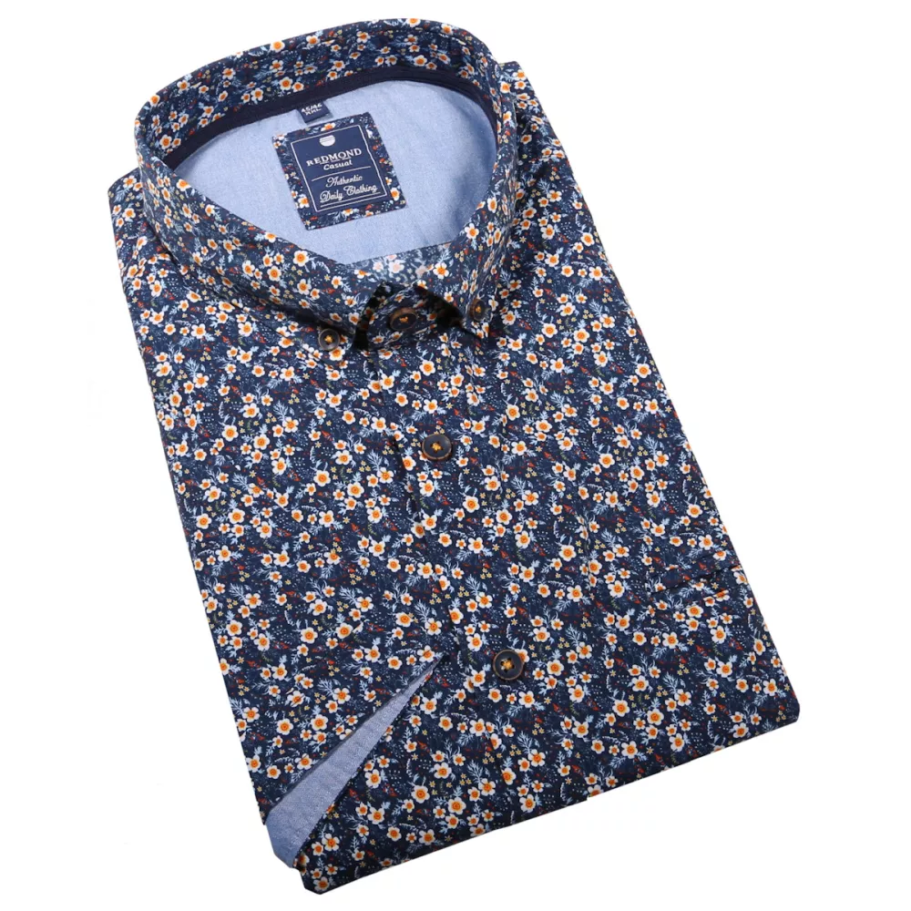 Chemise manche courte Marine fleurs blanche et orange  de 2XL à 6XL-4XL