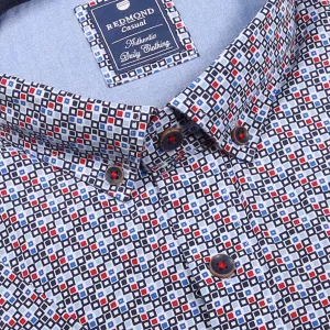 Chemise petits motifs blanche motifs noir, rouge et bleu col boutonné-5XL