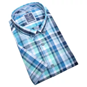 Chemise à carreaux turquoise, vert, bleu et blanc col boutonné