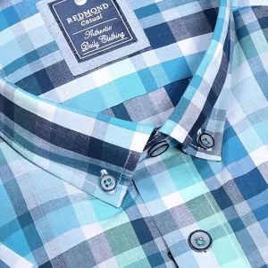 Chemise à carreaux turquoise, vert, bleu et blanc col boutonné-6XL