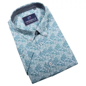 Chemise florale blanche fleurs turquoises manches courtes