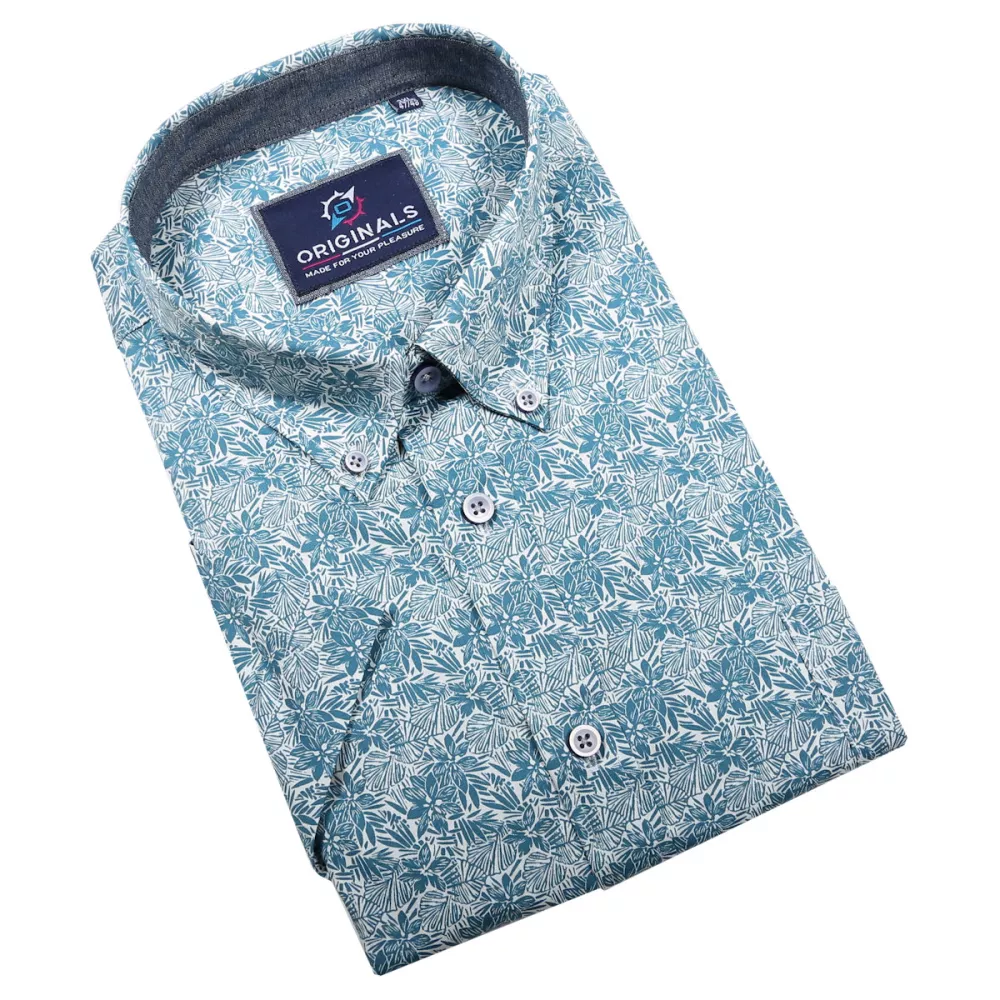 Chemise blanche fleurs turquoises manche courte de 3XL à 6XL-5XL