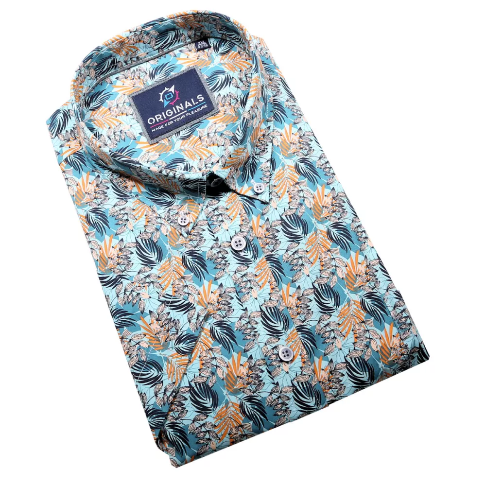 Chemise bleue fleurs oranges manche courte de 3XL à 6XL-6XL