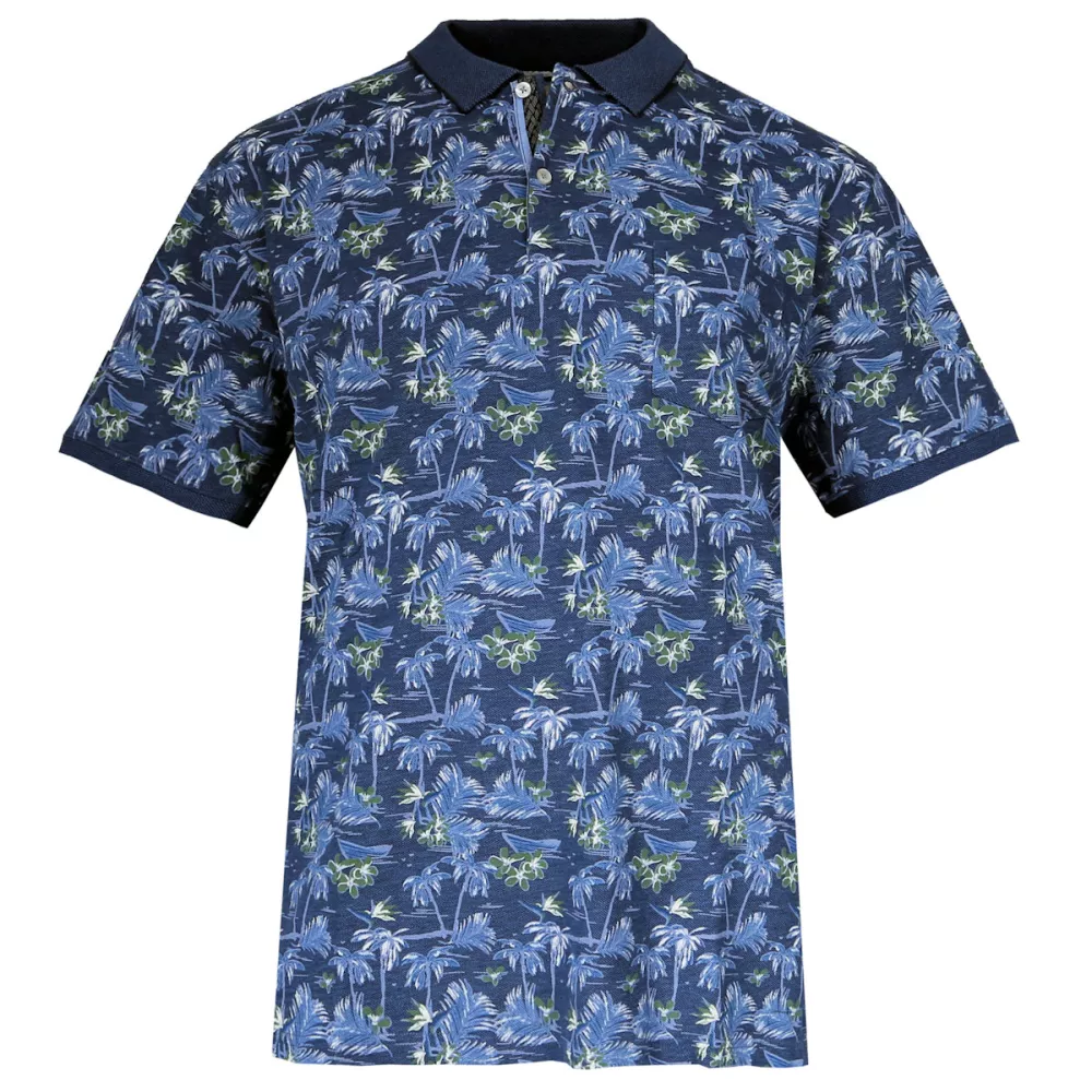Polo manches courtes bleu motif palmiers-5XL