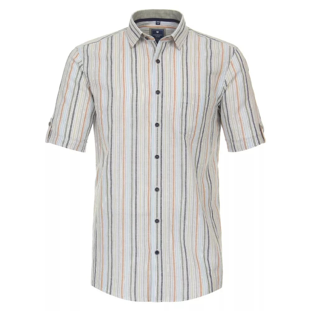 Chemise lin cotton manche courte écrue lignée orange gris vert de 2XL à 6XL-5XL