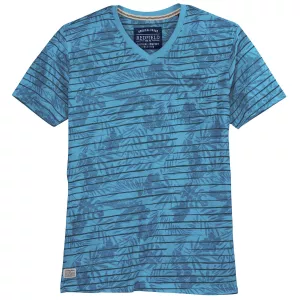 T-shirt col V imprimé floral bleu azur poche 