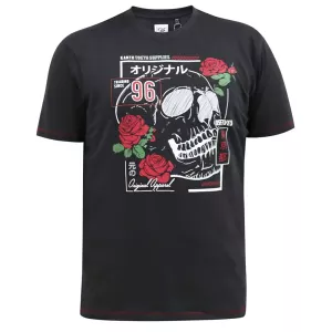T-shirt D555 noir délavé motif skull roses rouges