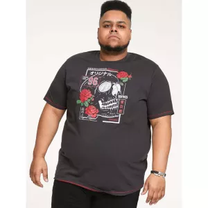 T-shirt D555 noir délavé motif skull roses rouges-4XL
