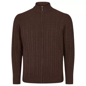 Cardigan zippé torsadé brun foncé col montant