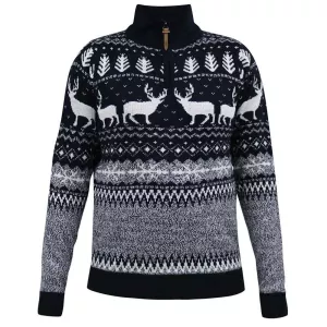 Pull Noël renne col zippé bleu marine-5XL