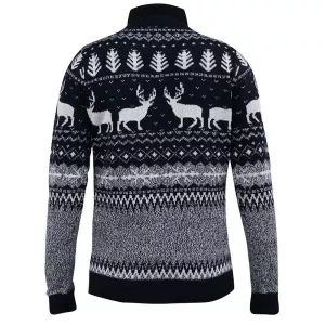 Pull Noël renne col zippé bleu marine-5XL
