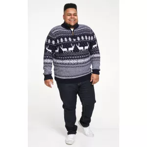 Pull Noël renne col zippé bleu marine-4XL