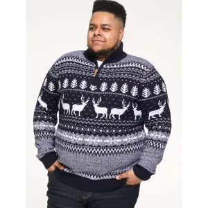 Pull Noël renne col zippé bleu marine-3XL