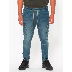 Jeans cargo fantaisie ceinture élastique bleu clair délavé