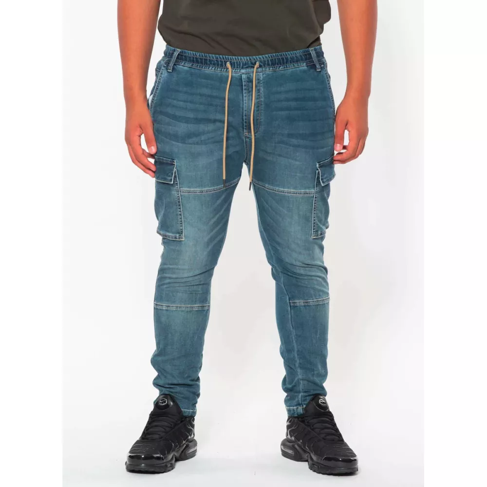Jeans cargo fantaisie ceinture élastique bleu clair délavé-E60