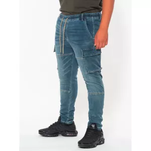 Jeans cargo fantaisie ceinture élastique bleu clair délavé-E64