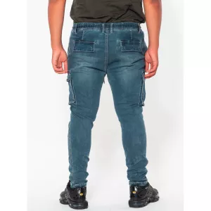 Jeans cargo fantaisie ceinture élastique bleu clair délavé-E66