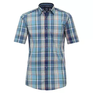 Chemise col  kent  manche courte carreaux turquoise, bleu et blanc