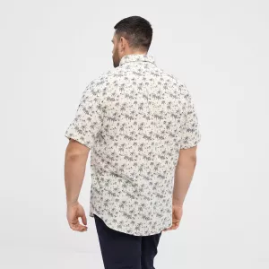 Chemise manche courte en coton lin blanc-cassé imprimée-5XL