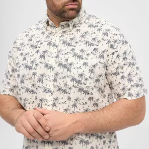 Chemise manche courte en coton lin blanc-cassé imprimée-6XL