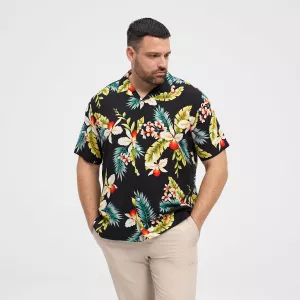 Chemise noire manche courte imprimé hibiscus-4XL