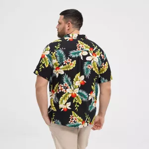 Chemise noire manche courte imprimé hibiscus-4XL