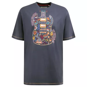 T-shirt bleu denim manche courte guitare multicolore
