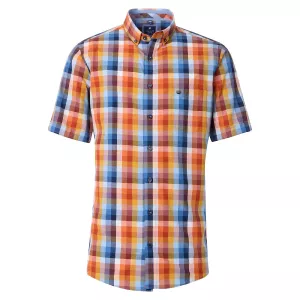 Chemise à carreaux marine, turquoise, orange manches courtes